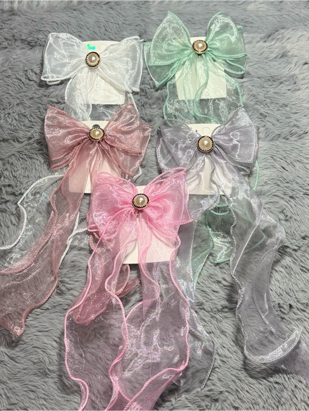 Mint Sheer Girls 5 Bow Hair Clips with Pearl Accent White Mint Pink Blush Silver